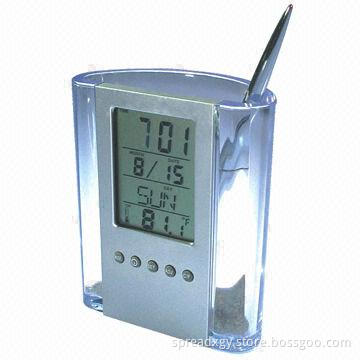 Acrylic Pen Holder with Clock, Time, Date, Week and Temperature Display